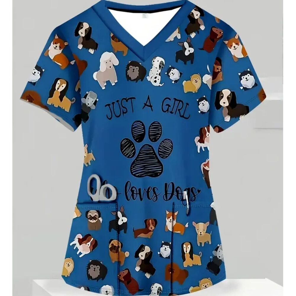 Plus Size 2XL Women's V-Neck Scrub Top For Veterinary/Nurse Front/Back Design